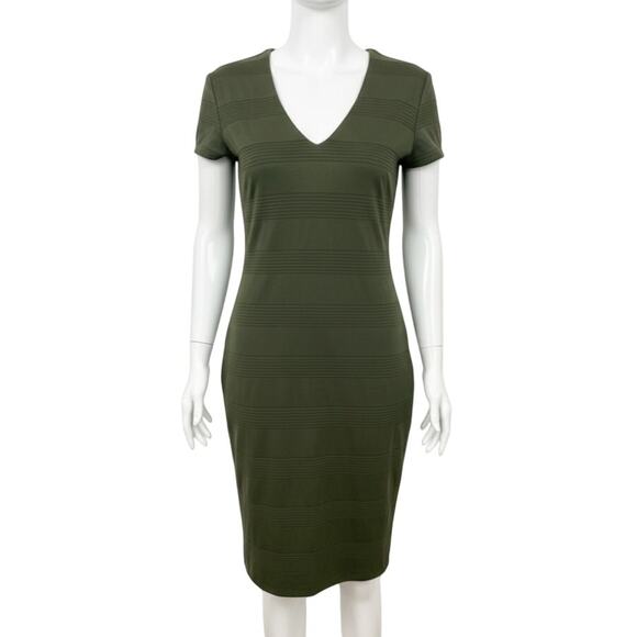 Bisou Bisou Bodycon Dress Womens 14 Short Sleeves Olive Green V-Neck Cocktail - Picture 1 of 7